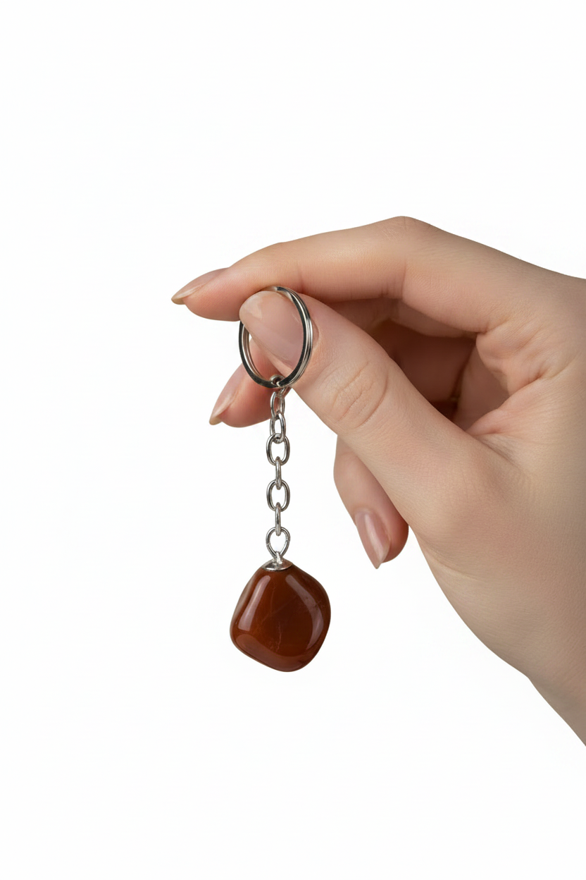 Bloodstone Natural Earth Stone Handmade Steel Plated Keychain held by a hand showing scale.