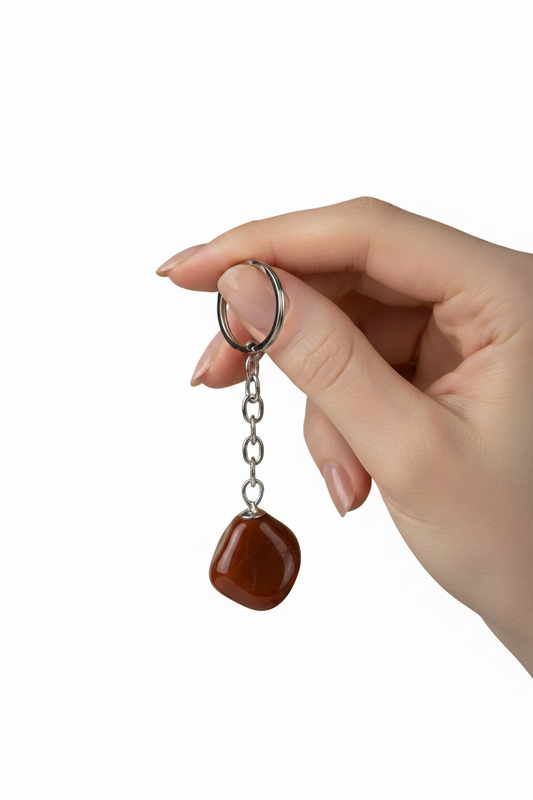 Bloodstone Natural Earth Stone Handmade Steel Plated Keychain held by a hand showing scale.