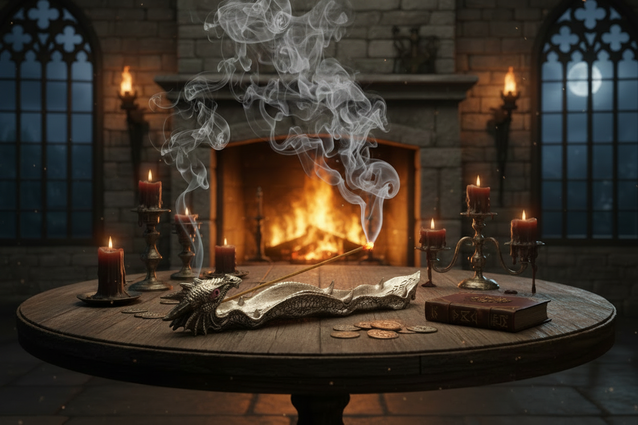 Pink Open Jaws Dragon Resin Incense Holder - Free Incense on a wooden table in front of a fireplace in a medieval castle setting with incense burning and smoke rising.
