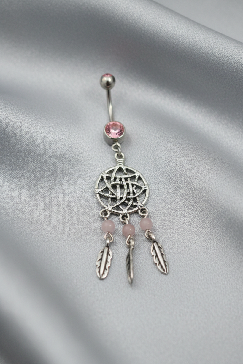 Pink Crystal Dream Catcher Belly Button Ring in 316l stainless steel.