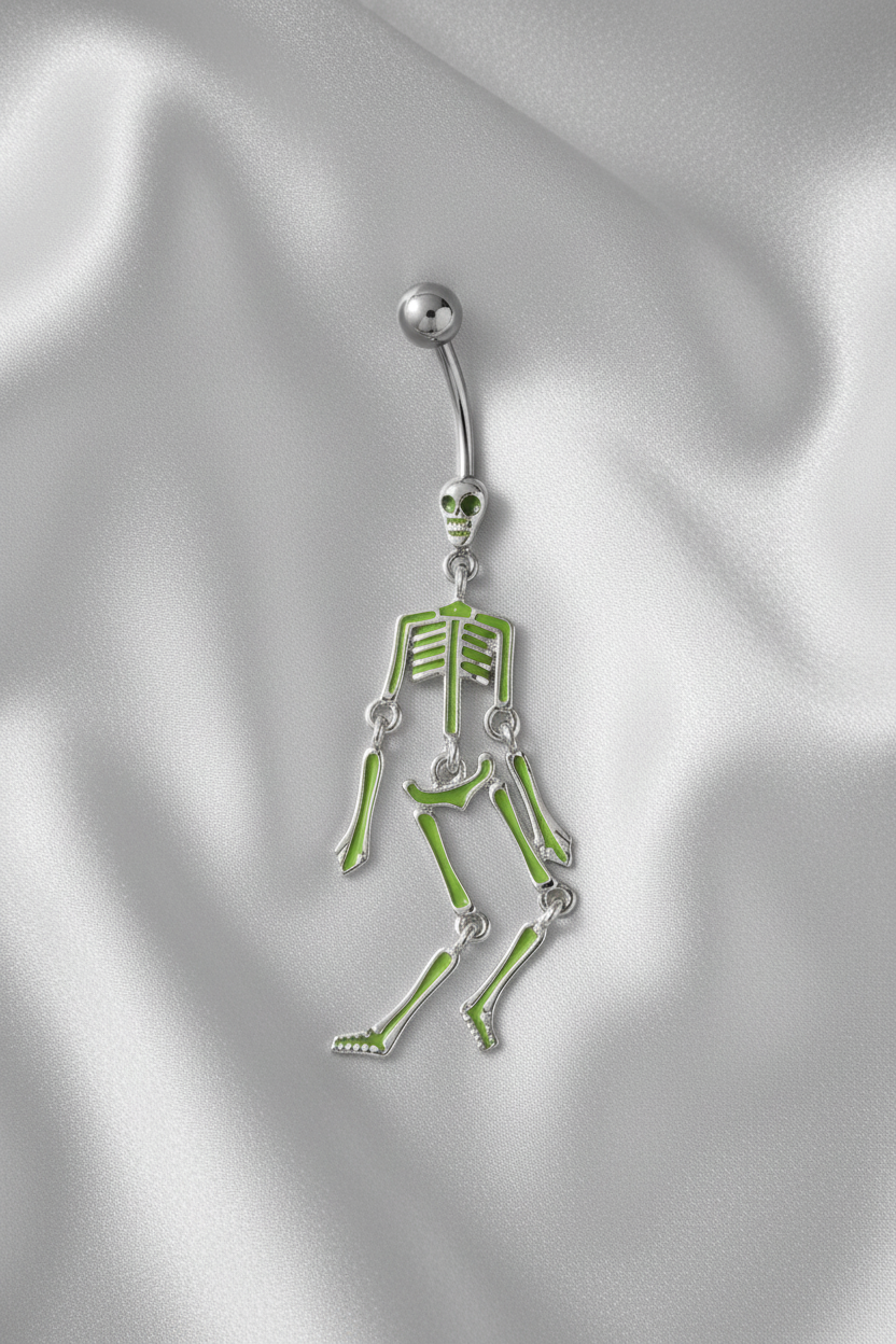 Green Dancing Skeleton Belly Button Ring in 316l stainless steel.