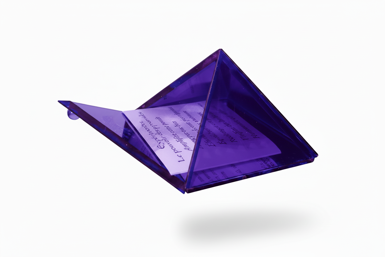 Dark Purple mini glass pyramid keepsake box with mirrored base open on a white background side profile.