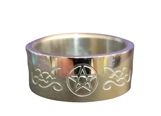 Steel Ring Etched Pentagram Wide Band