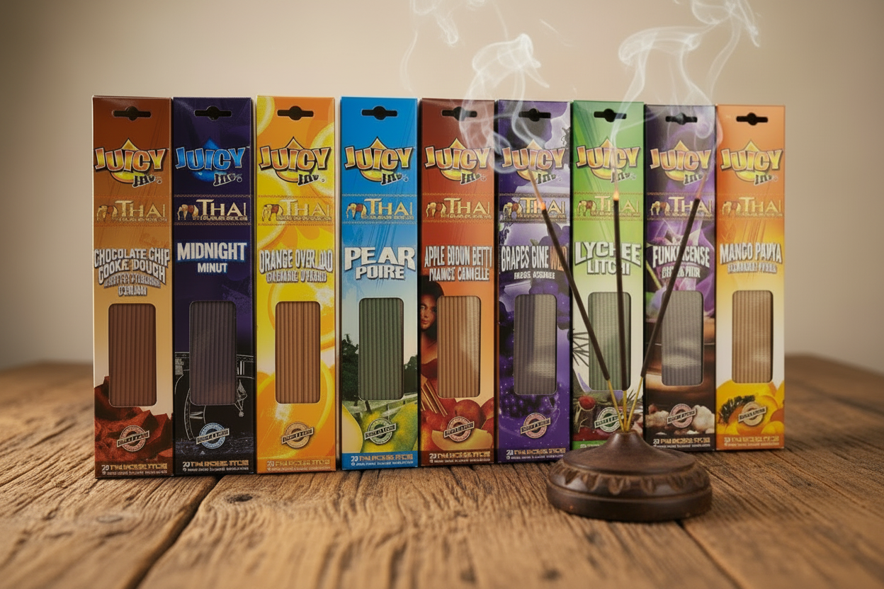Juicy Jay's Incense Variety Gift Package on a rustic wooden surface with incense burning and smoke rising.