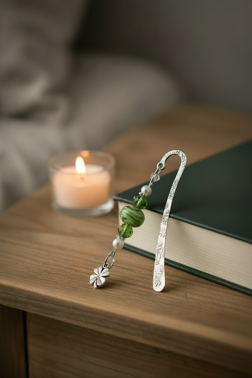 Lucky Clover Handmade Beaded Silver Plated Bookmark - One of a Kind laying on a book on a bedside table showing glass beadwork.