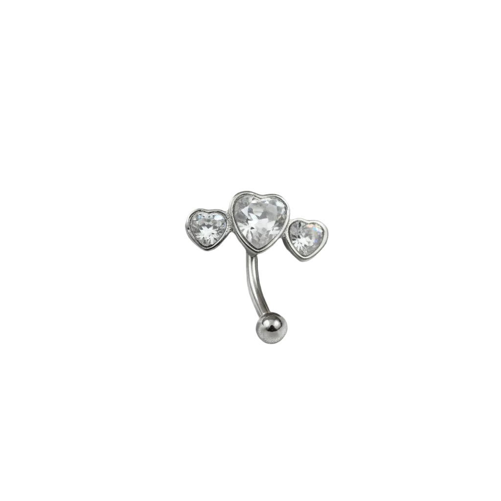 Clear Crystal Triple Heart Eyebrow Ring in 316l stainless steel close up detail.