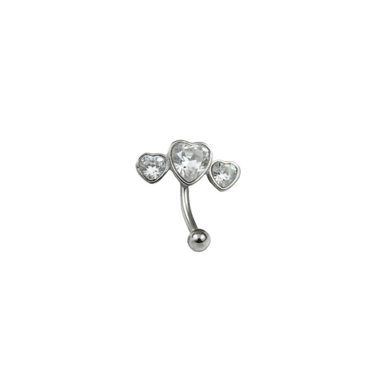 Clear Crystal Triple Heart Eyebrow Ring in 316l stainless steel close up detail.