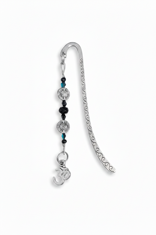 AUM Symbol Handmade Beaded Pewter Bookmark - One of a Kind on a white background showing charm detail.