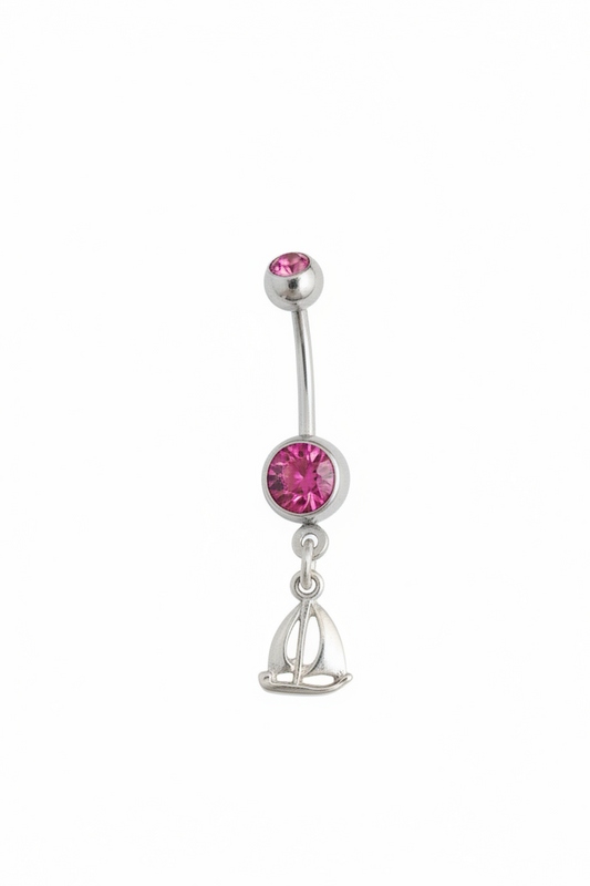 Pink Crystal Sterling Silver Sailboat Belly Button Ring in 316l stainless steel close up detail.