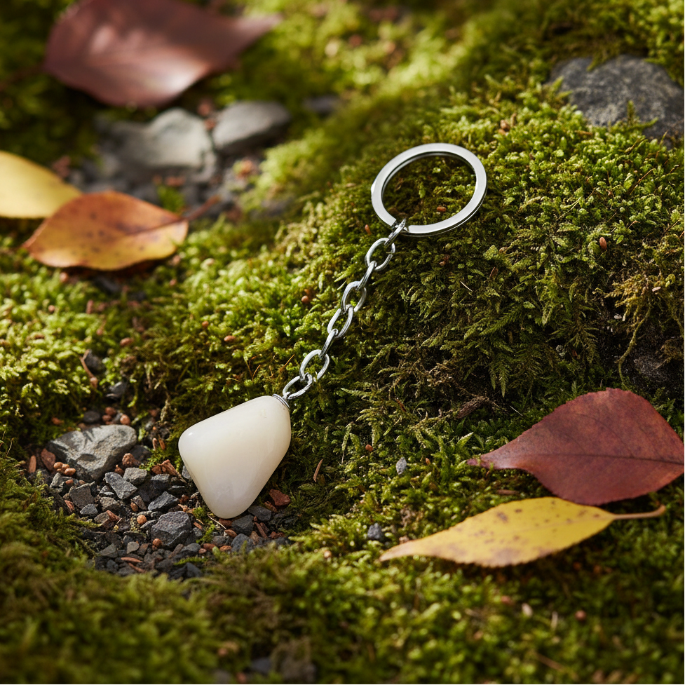 Opaque White Quartz Natural Earth Stone Handmade Steel Plated Keychain in a natural earth setting placed on a mossy surface surrounded by colorful leaves in pristine nature.