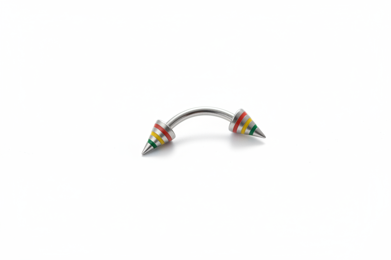 Multicolor Striped Spike Eyebrow Ring in 316l stainless steel close up detail.