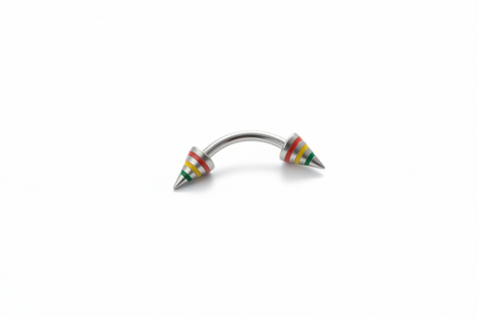 Multicolor Striped Spike Eyebrow Ring in 316l stainless steel close up detail.