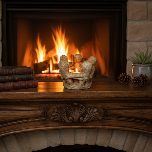 Circle of Friends Terra Cotta Tea Light Candle Holder on a fireplace mantle with a burning fire and the candle lit showing a warm glow.