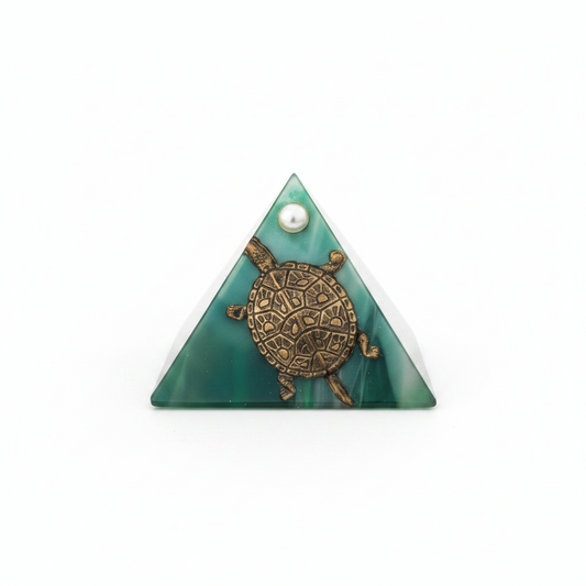 Green Turtle Mini Glass Pyramid Keepsake Box closed on a white background showing pewter turtle charm.