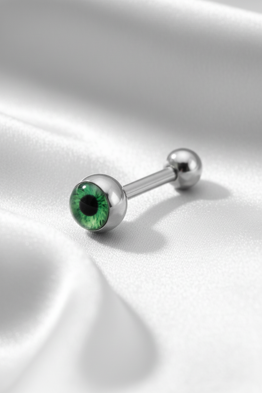 Green Eyeball tongue barbell in 316l stainless steel
