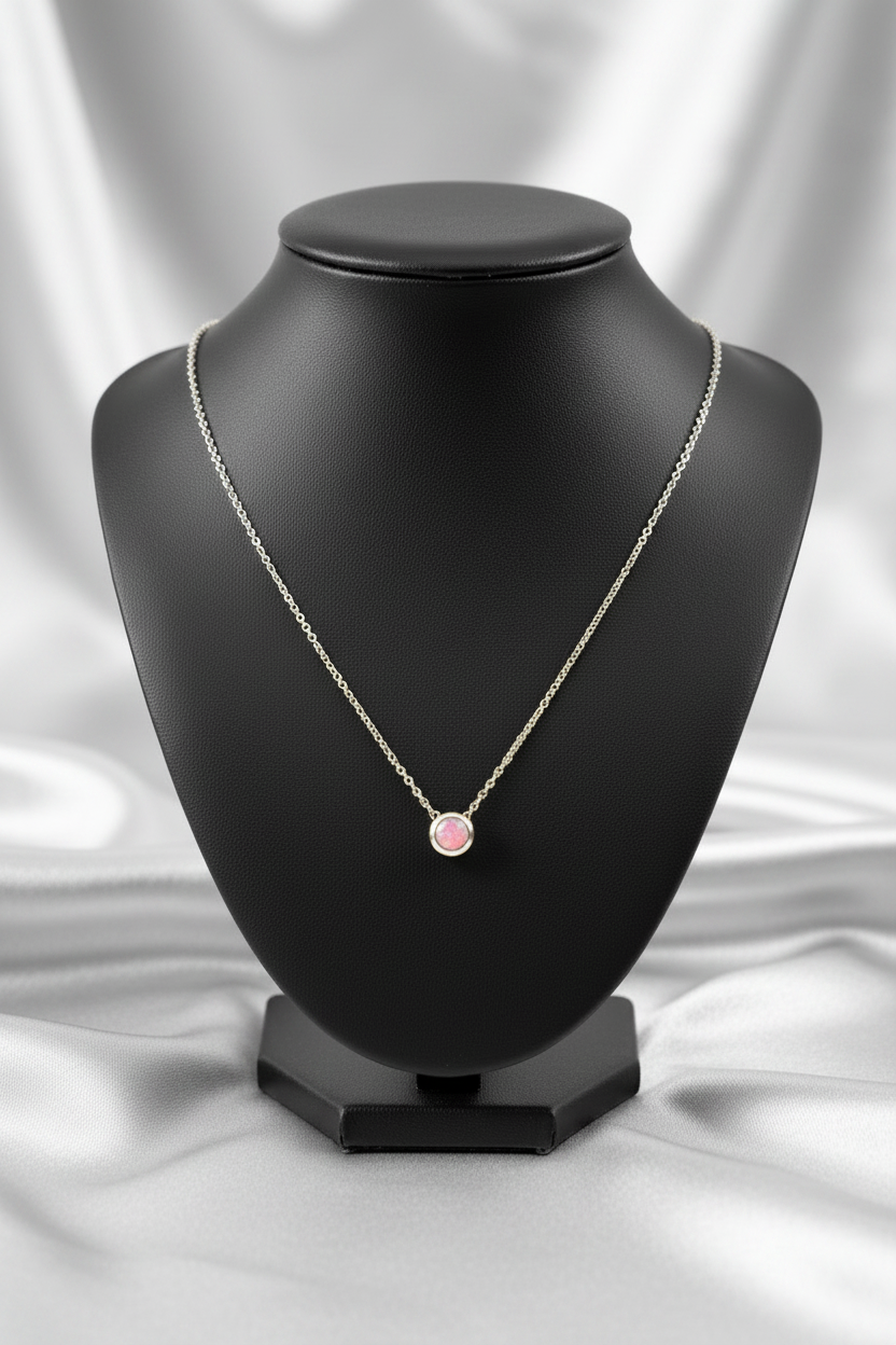 Pink Opal Steel Chain Necklace in 316l stainless steel on a black bust.