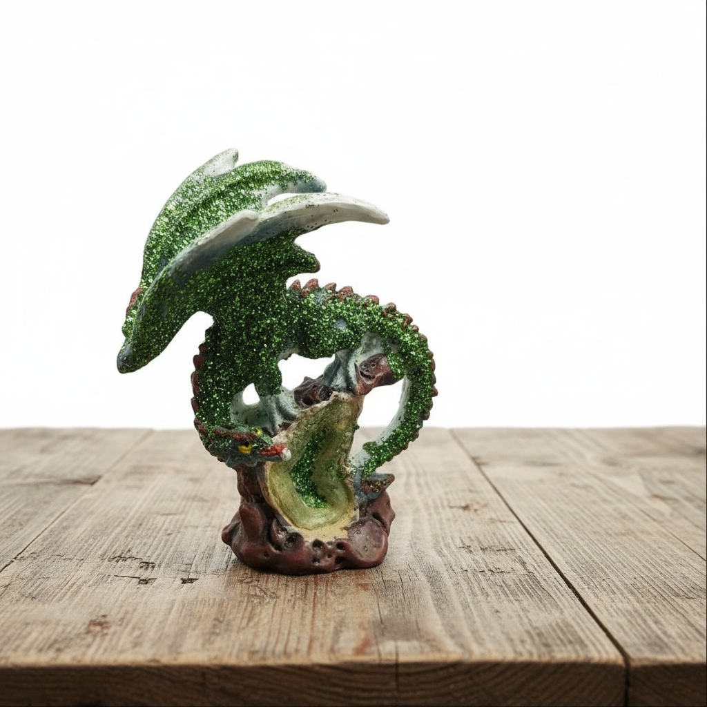 Green Sparkle Dragon with Geode Resin Figurine - Mystical Home Decor on a wooden table with a white background.