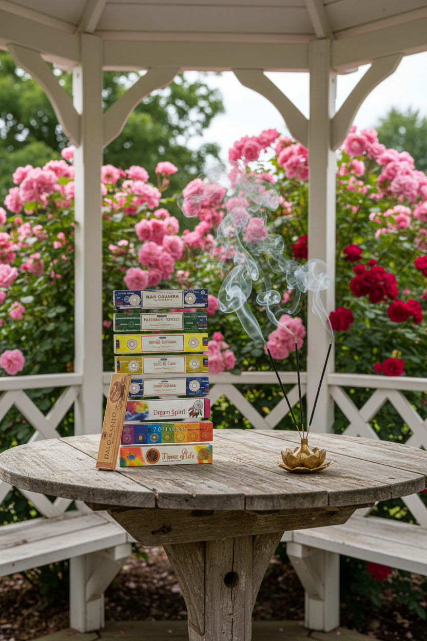 Divine Forces Incense Variety Gift Package on a rustic wooden table in a rose garden gazebo with incense burning and smoke rising.