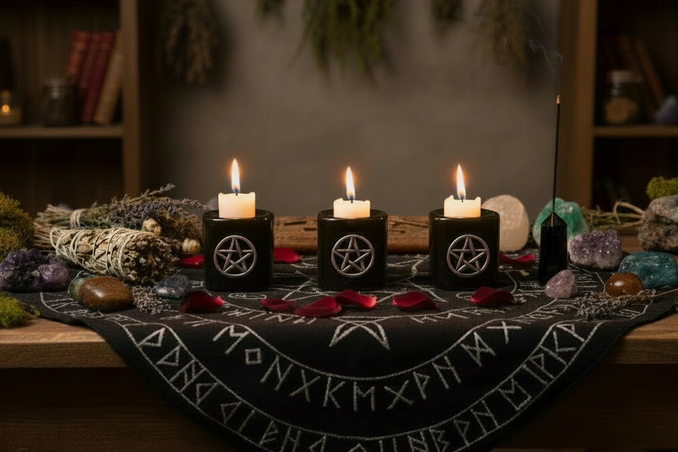Black Pentagram Ceramic Mini Candle Holder Set of Three on a wooden table in a spiritual pagan setting surrounded by sage bundles and colorful geodes.