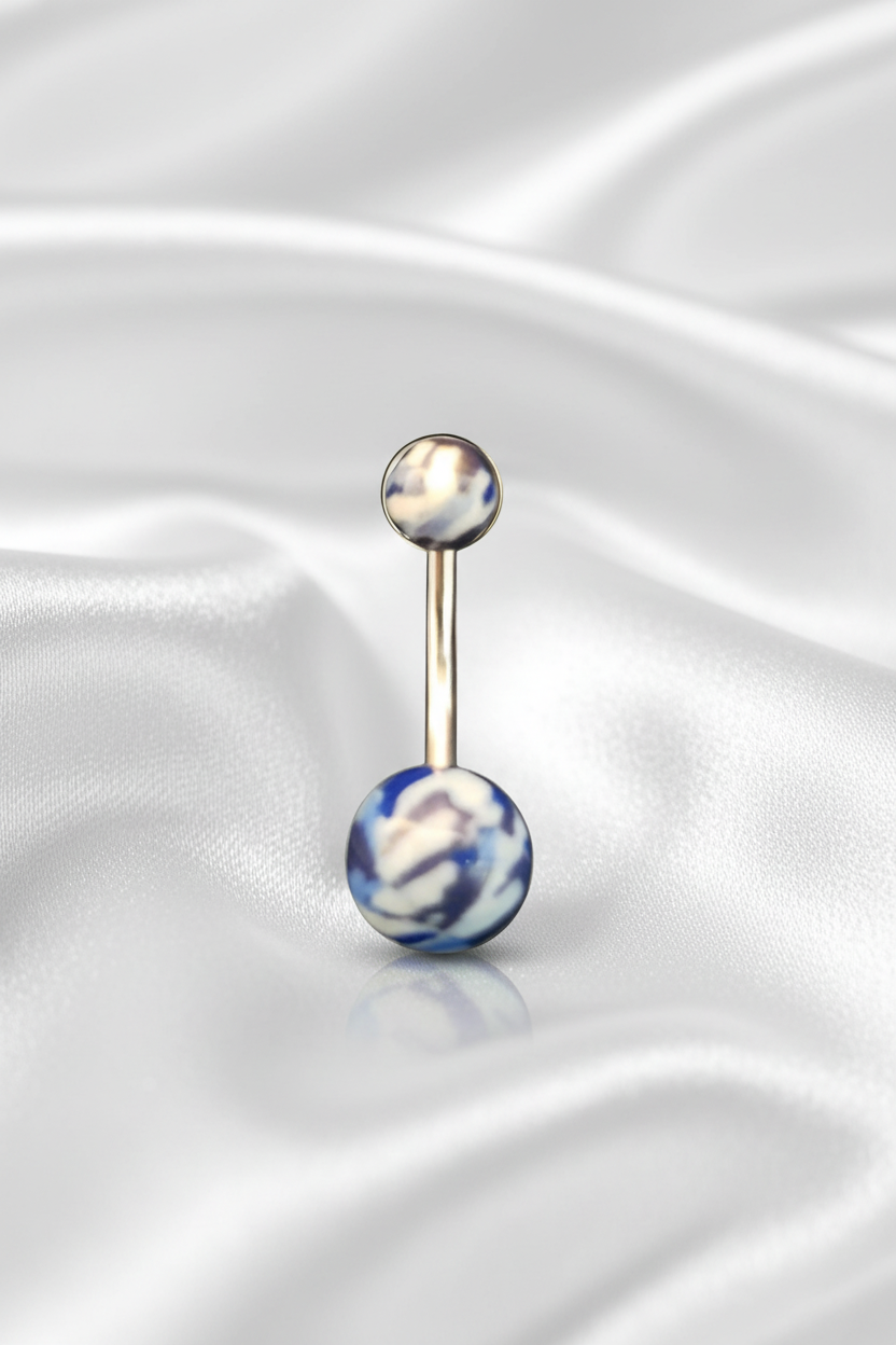 Blue Camouflage Acrylic belly button ring in 316L stainless steel