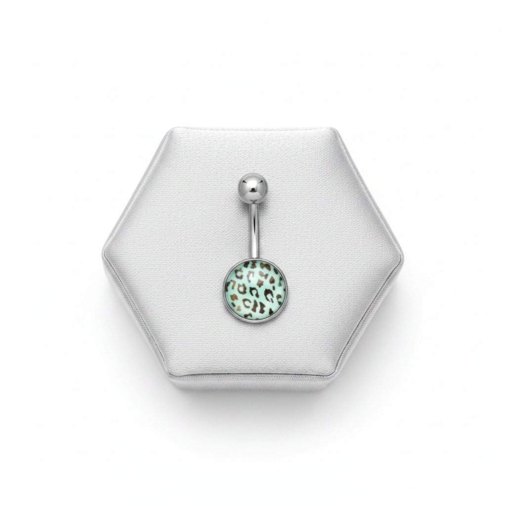 Blue Leopard Print Belly Button Ring in 316l stainless steel on a silver jewelry display.