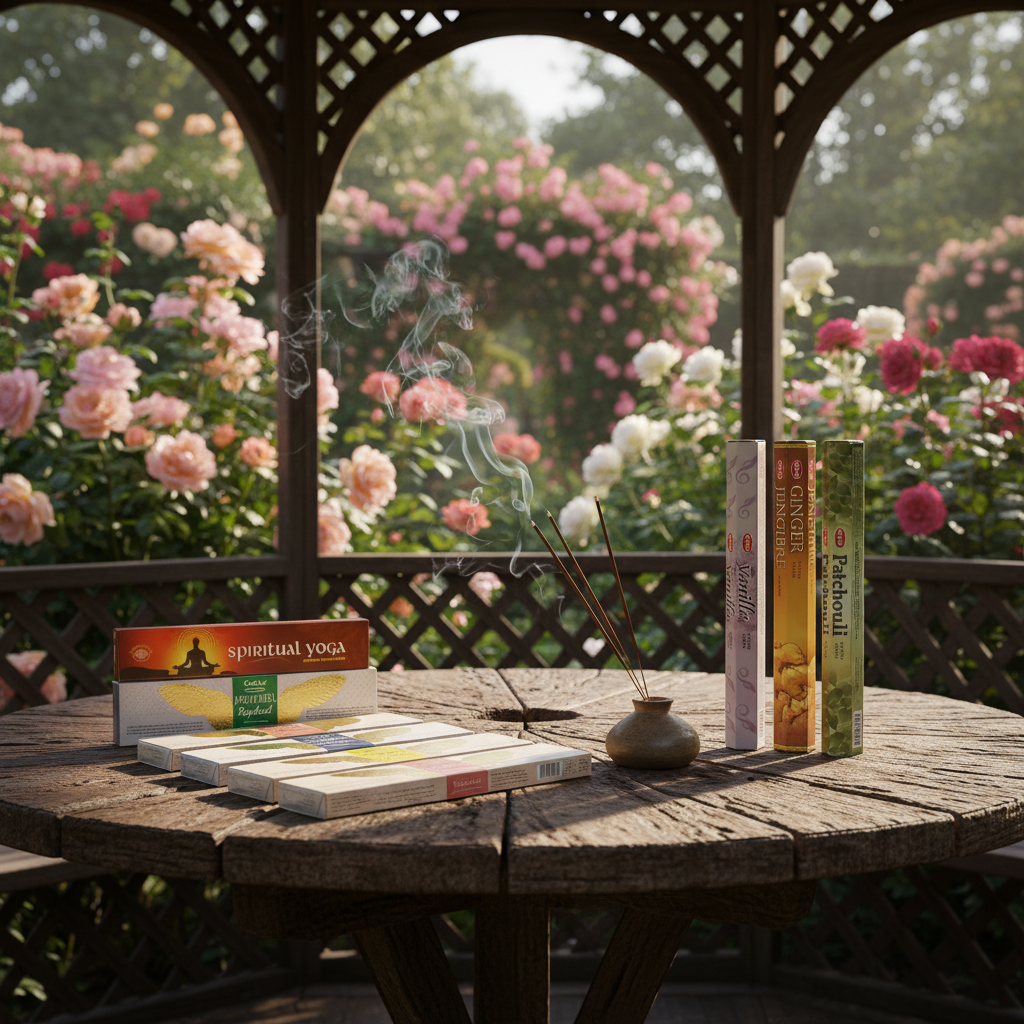 Divine Archangel Incense Variety Gift Package on a wooden table in a rose garden gazebo with incense burning and smoke rising.