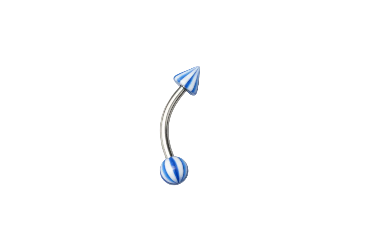 Blue and White Striped Acrylic Eyebrow Ring in 316l stainless steel close up detail.