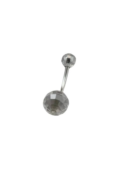 Clear Acrylic Disco Ball Belly Button Ring in 316l stainless steel close up detail.