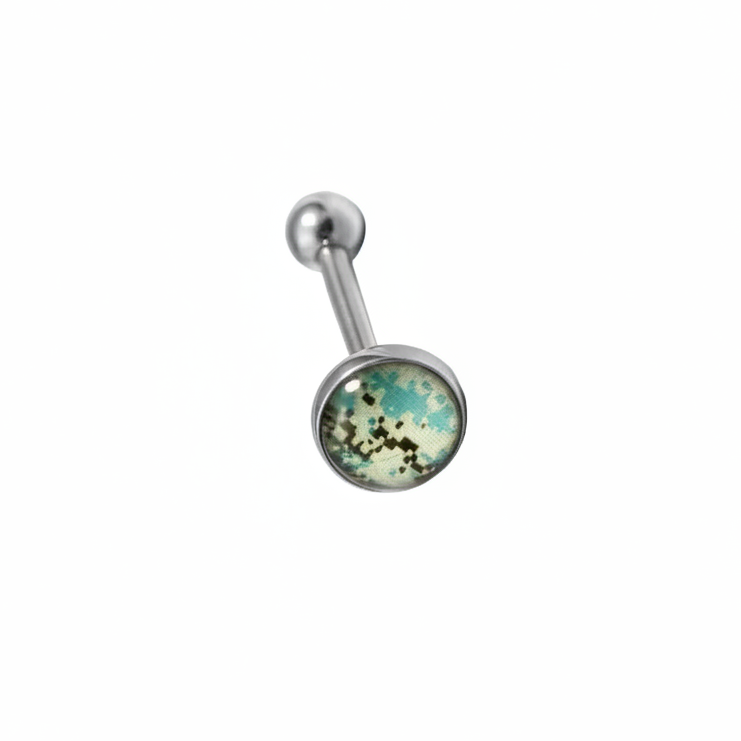 Aqua Camouflage Tongue Barbell in 316l stainless steel in close up detail.