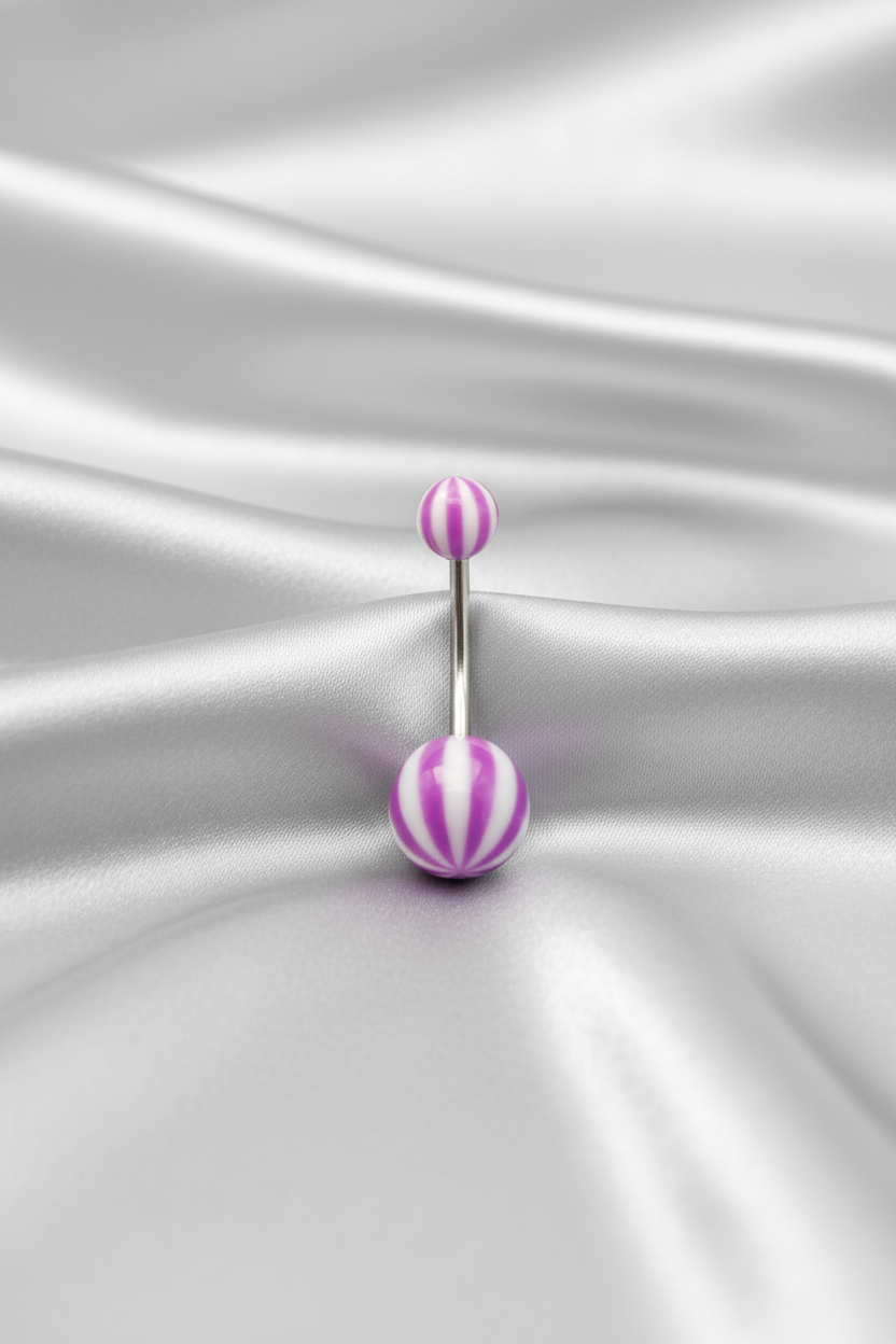 Purple and White Striped acrylic belly button ring in 316l stainless steel