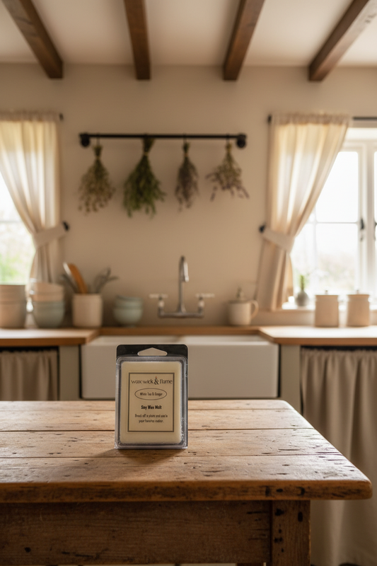 White Tea and Ginger Organic Soy Scented Wax Melts on a wooden table in a country cottage kitchen.