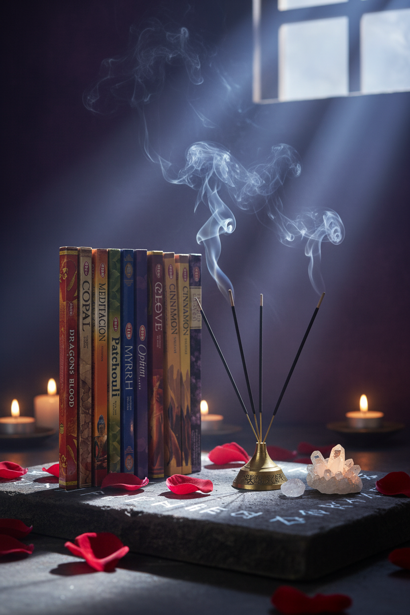 Ancient Scents Incense Variety Gift Package burning in a mystic setting with smoke rising.