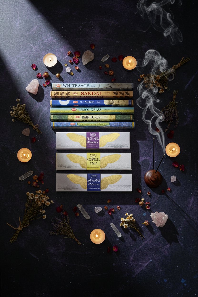 Angelic Forces Incense Variety Gift Package burning in a mystic setting with smoke rising.