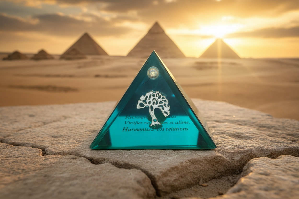 Aqua Tree of Life Mini Glass Pyramid Keepsake Box on a stone surface with Giza plateau in the background.