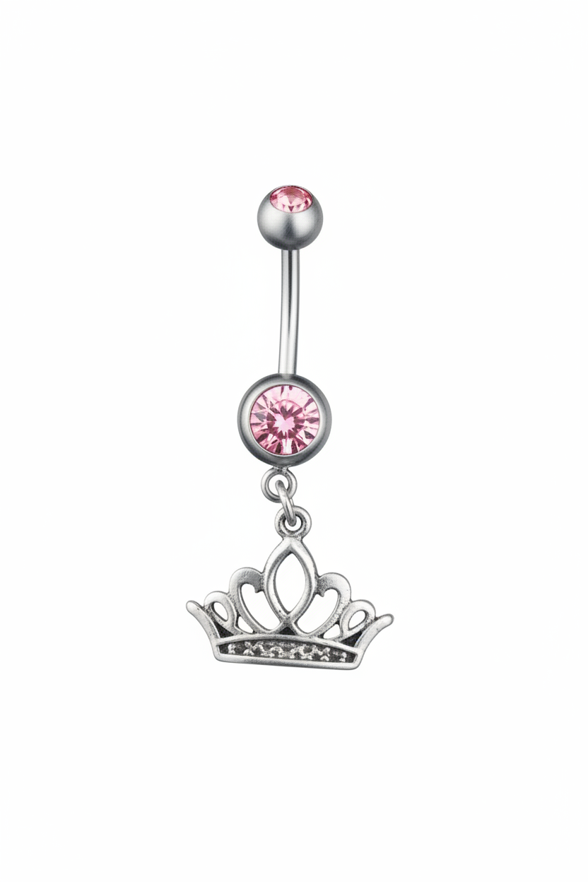Pink Crystal Crown Belly Button Ring in 316l stainless steel close up detail.