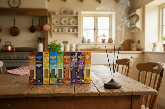 Juicy Jay's Incense Variety Gift Package on a kitchen table in a country cottage with incense burning and smoke rising.