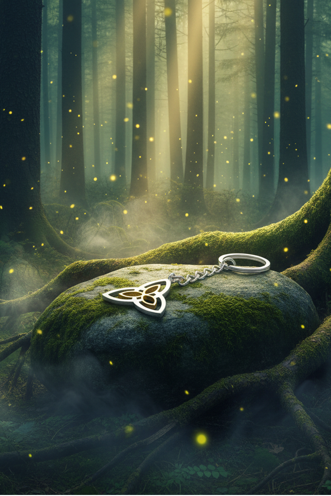 Triquetra Handmade 316L Stainless Steel Charm Keychain sitting on a mossy stone in a mystical forest setting.