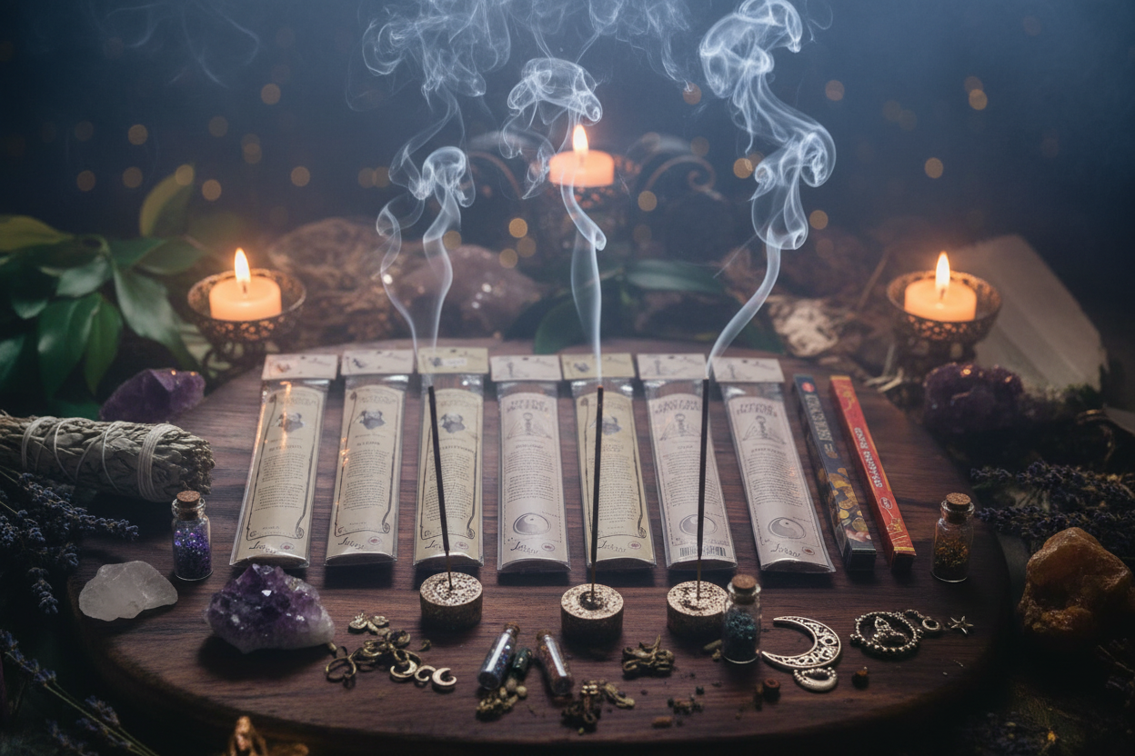 Ancient Rituals Incense Variety Gift Package burning in a mystic setting with smoke rising.