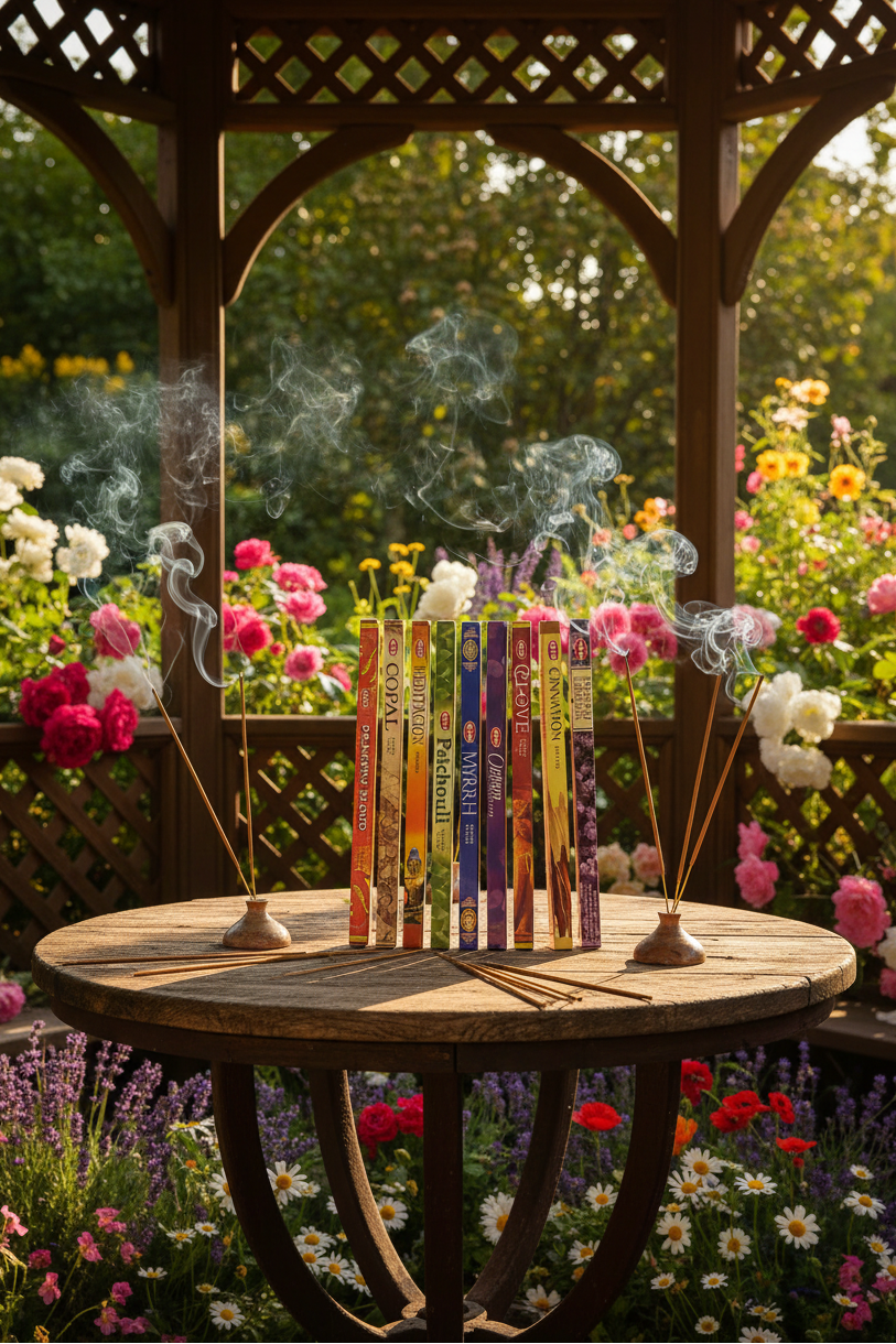 Ancient Scents Incense Variety Gift Package on a wooden table in a flower garden gazebo with incense burning and smoke rising.