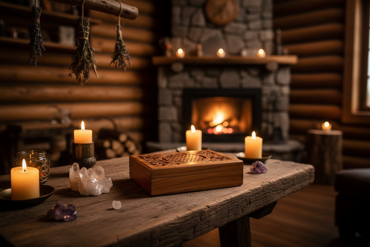 Engraved Flower of Life Wooden Keepsake Box on a table in the living room of a mystic log cabin.