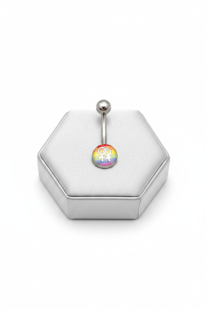 Rainbow Venus Belly Button Ring in 316l stainless steel on a silver jewelry display.