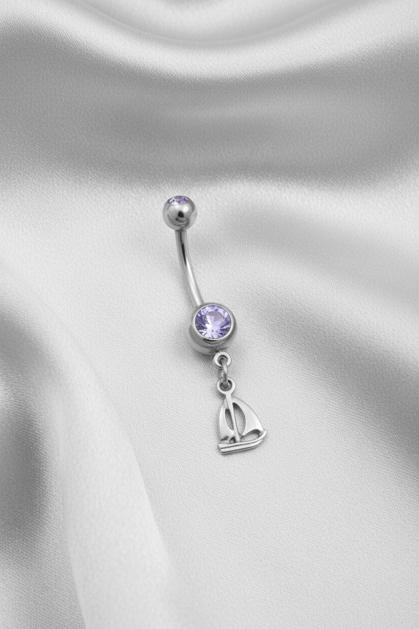 Purple Crystal Sterling Silver Sailboat Belly Button Ring in 316l stainless steel.