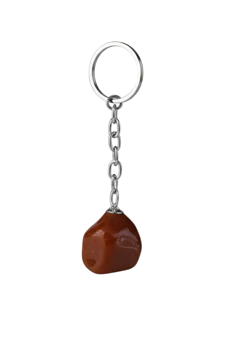 Bloodstone Natural Earth Stone Handmade Steel Plated Keychain on a white background.