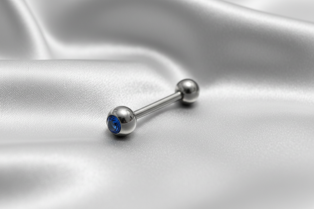 Blue Crystal tongue barbell in 316l stainless steel