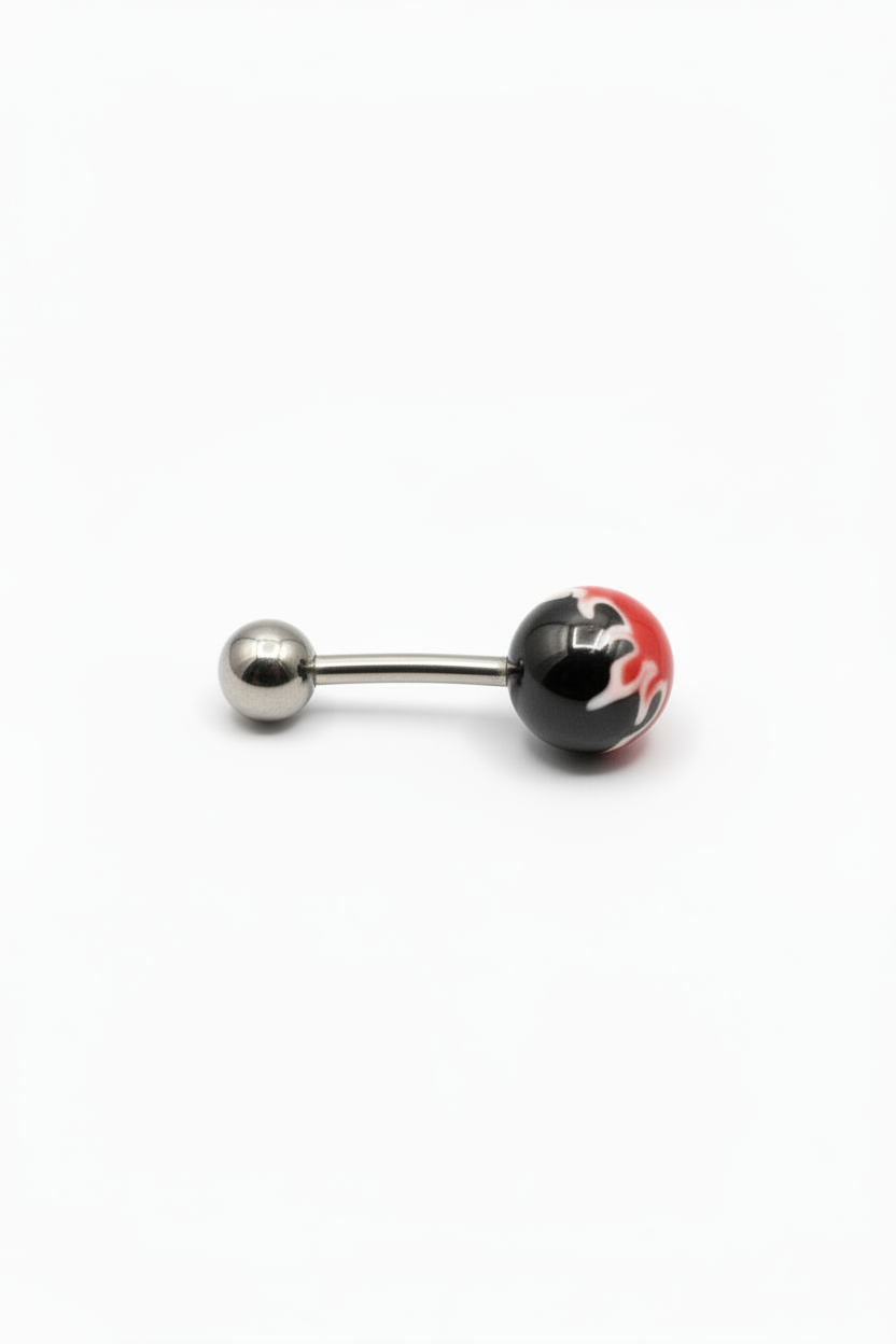 Red Fireball Acrylic Belly Button Ring in 316l stainless steel on a white background horizontal angle.