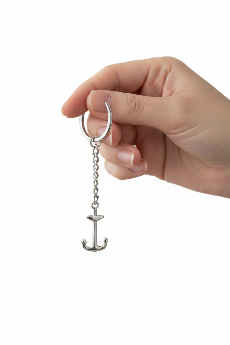Anchor Handmade 316L Stainless Steel Charm Keychain held by a hand showing scale.