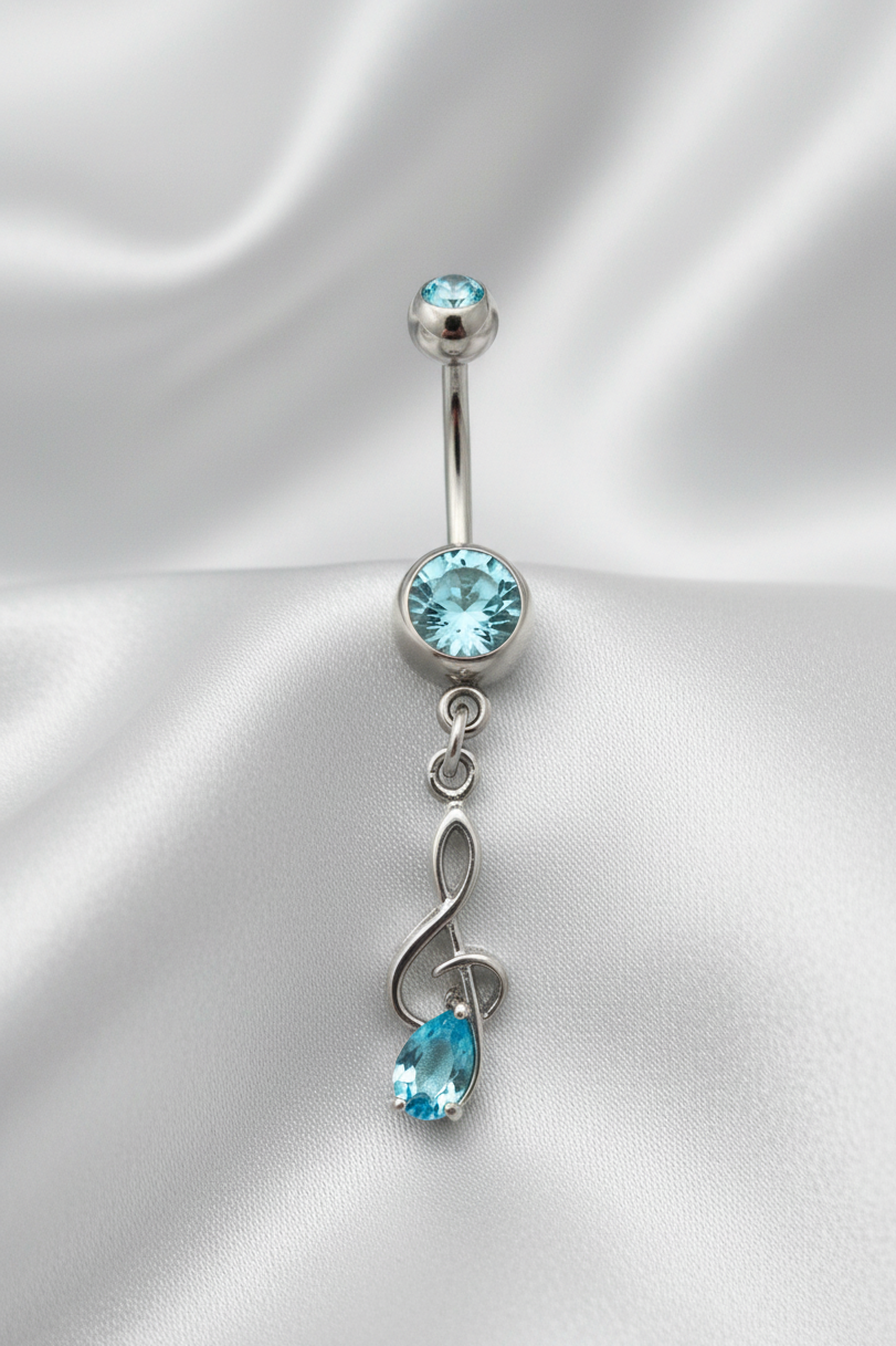 Aqua Crystal Treble Clef Belly Button Ring in 316l stainless steel.