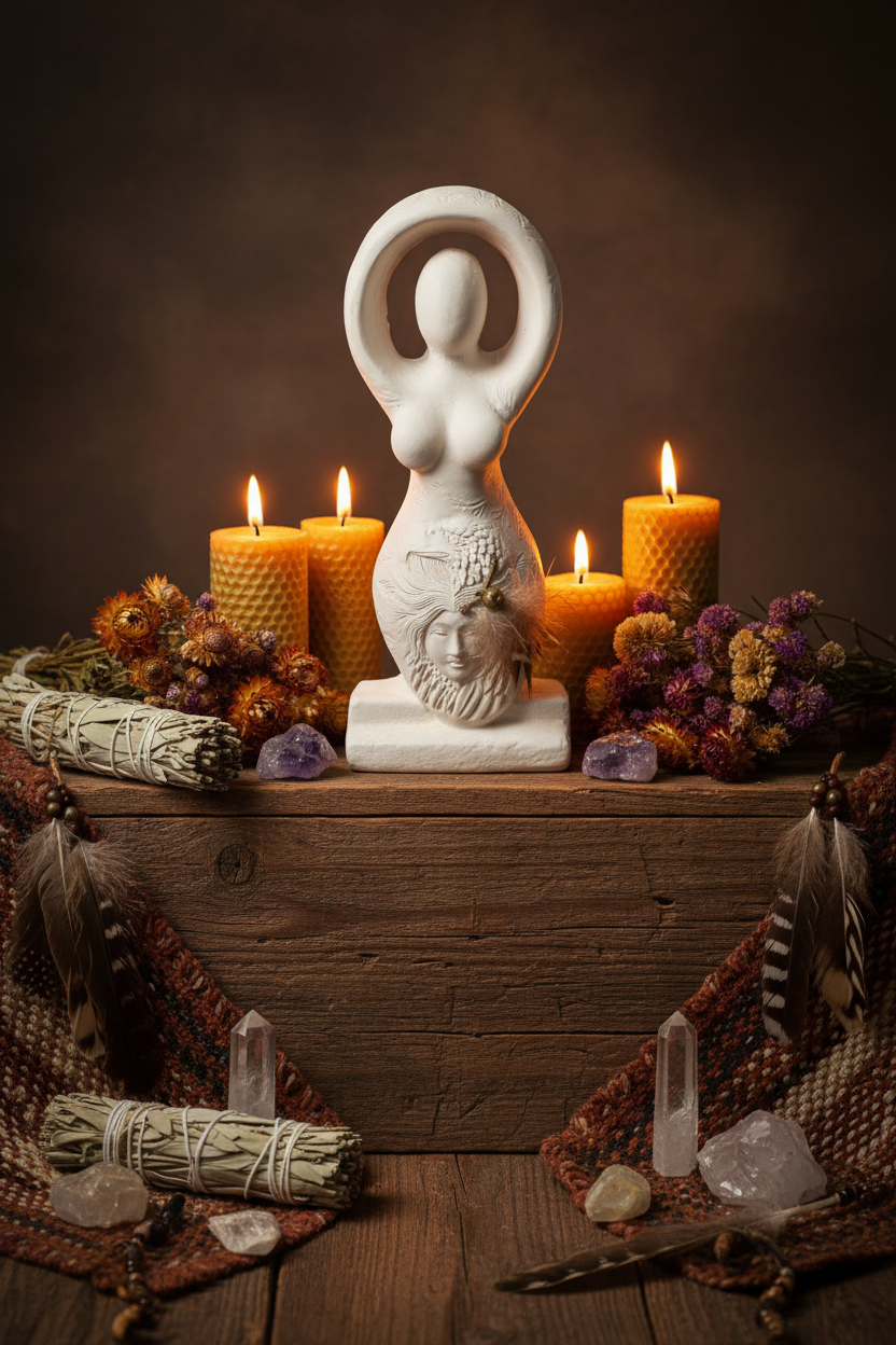 Ancient Goddess Great Eagle Spirit Ceramic Mini Figurine - Altar & Sacred Space in a spiritual Native setting.