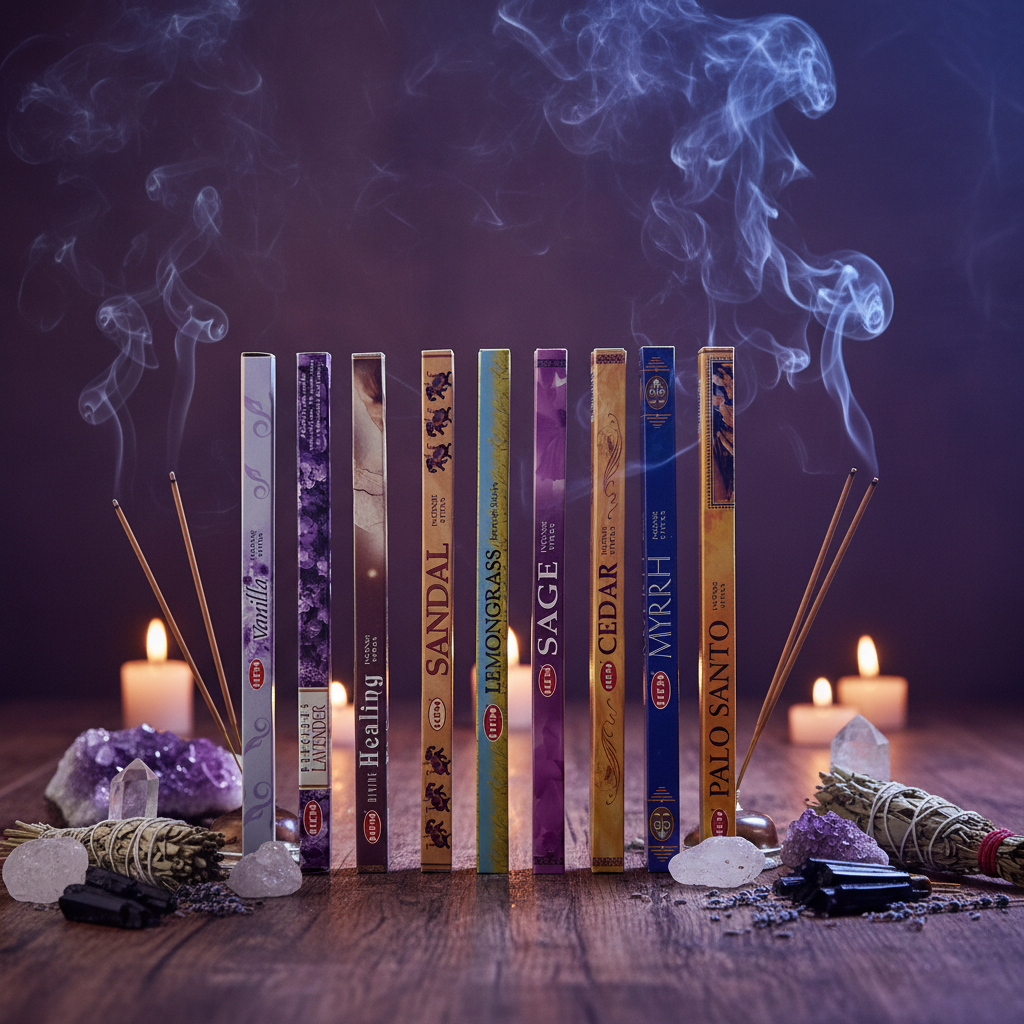 Divine Cleansing Incense Variety Gift Package burning in a mystic setting with smoke rising.