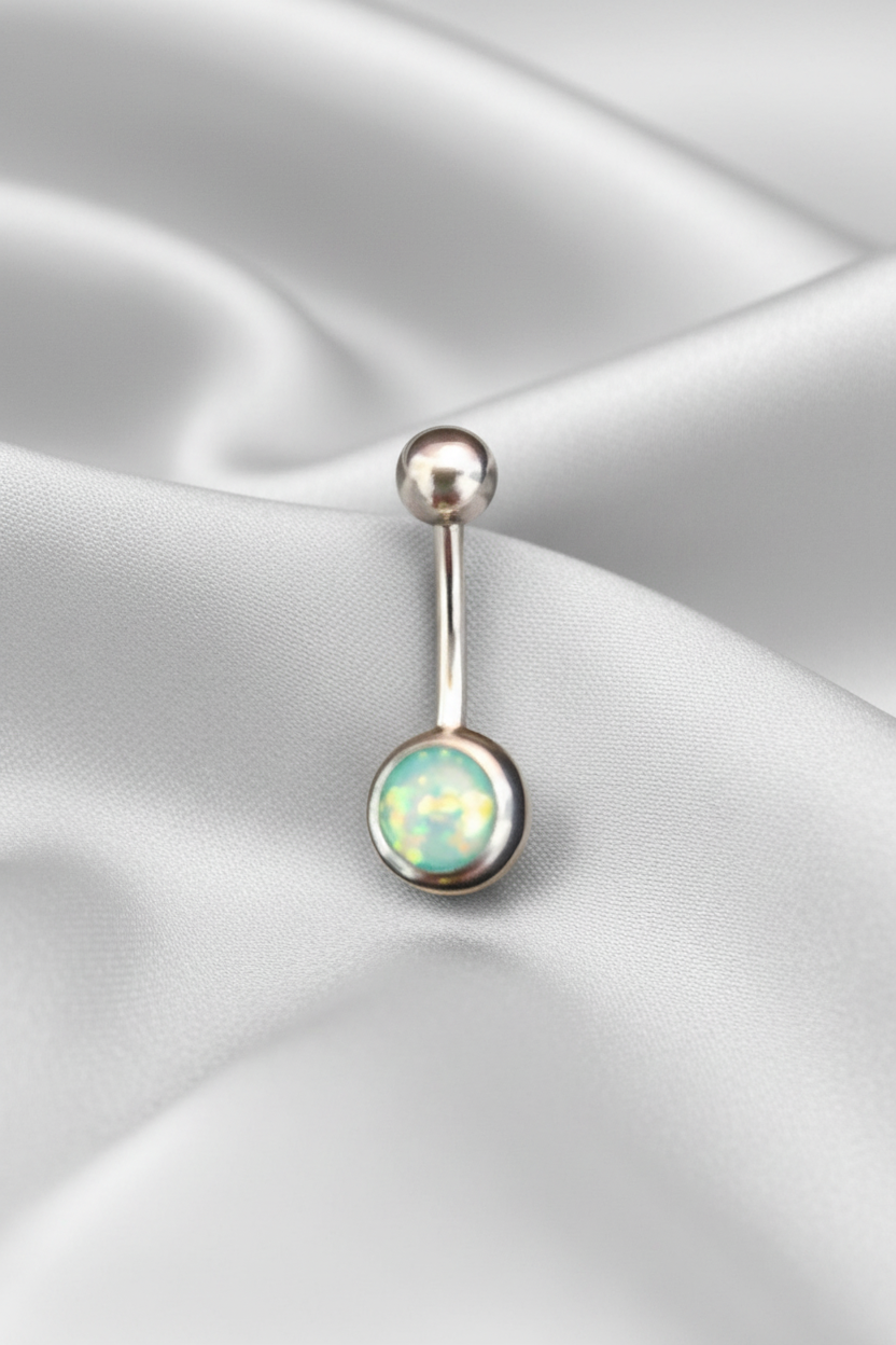 Aqua Opal belly button ring in 316l stainless steel